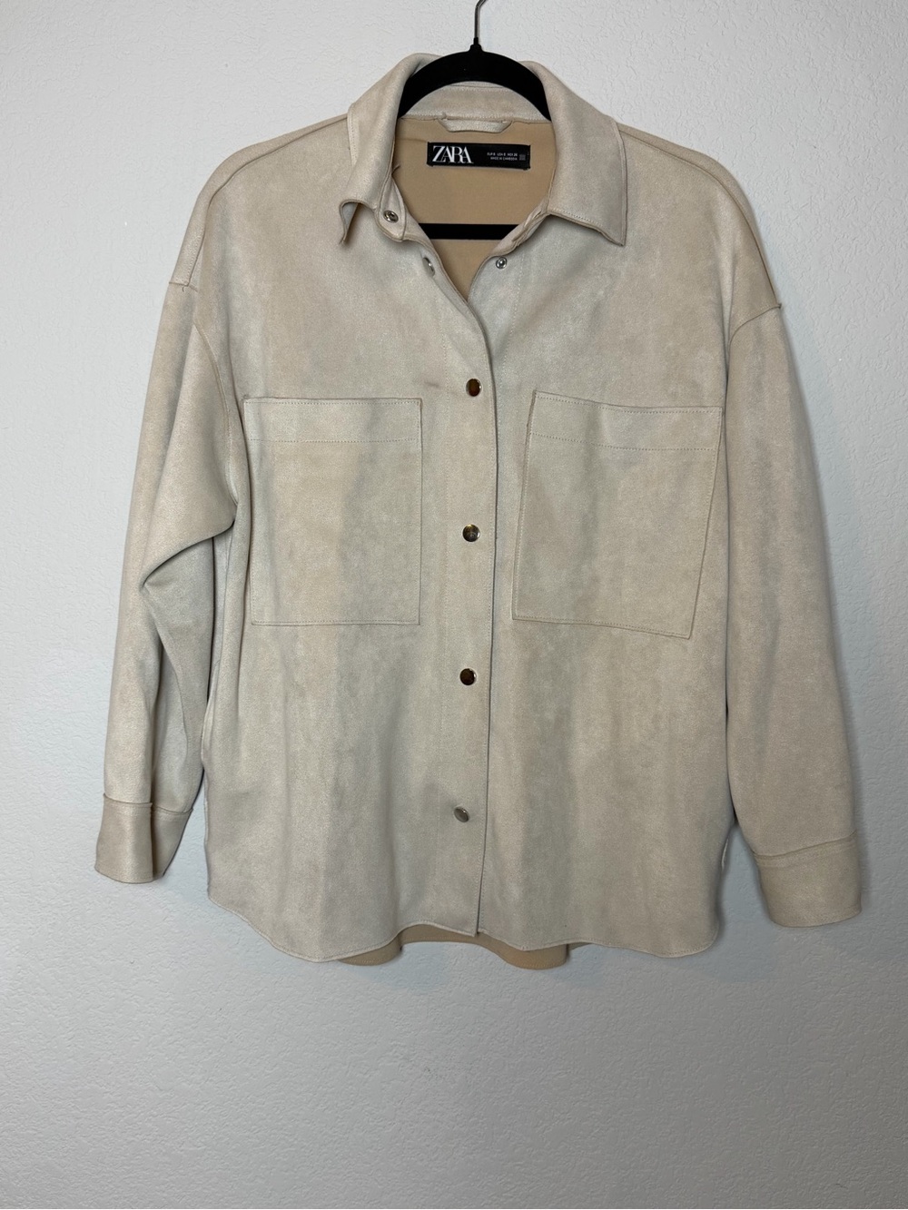 Zara Faux Suede Shacket Womens Small Beige Oversized Snap Front Shirt Jacket - Picture 5 of 11